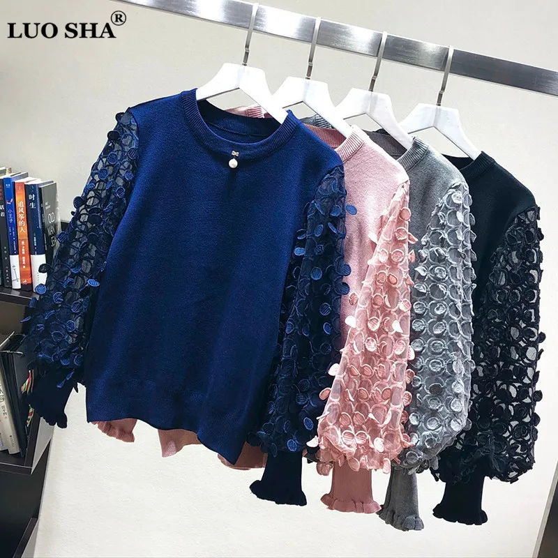 LUOSHA Women Autumn Winter Knitted Pullover And Sweater Female 3D Embroidery Lace Patchwork Lantern Sleeve Fashion Sueter Mujer | Женская