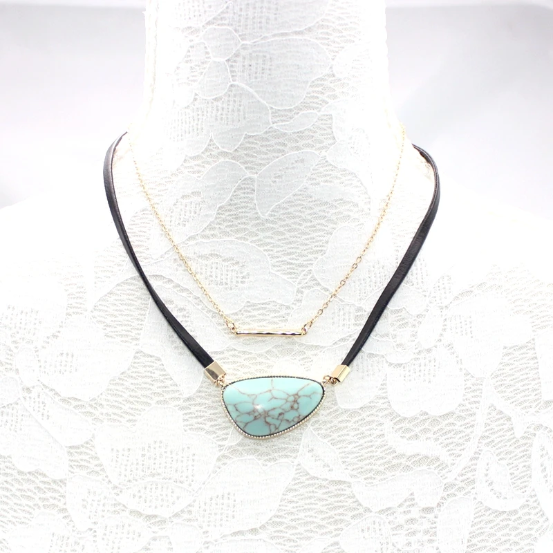 Бирюзовый мозаика Геометрические формы Кожаный канат Двойной слой Короткое