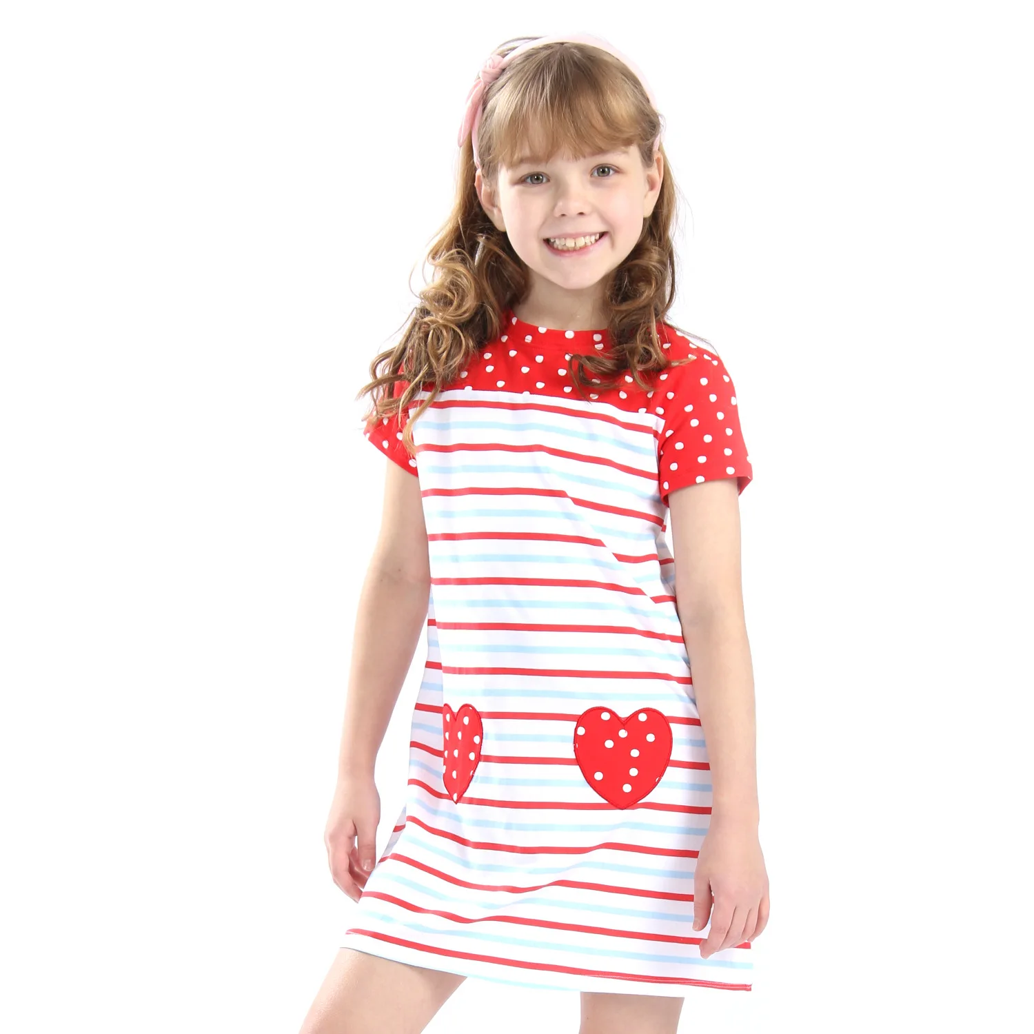 New Summer Round-collar Girl's Fashion Printed Children's Dress European and American Stripe Stitching Elegant | Детская одежда
