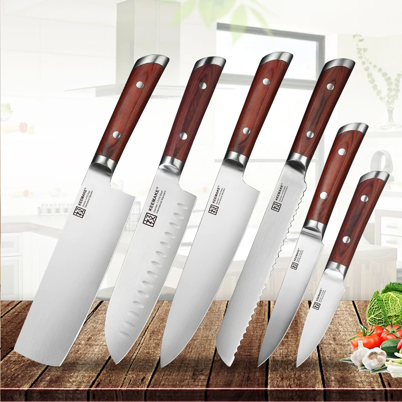 

KEEMAKE 6PCS Kitchen Knives Set German 1.4116 Steel Chef knife Color Wood Handle Sharp Cooking Santoku Bread Utility Knife Gift
