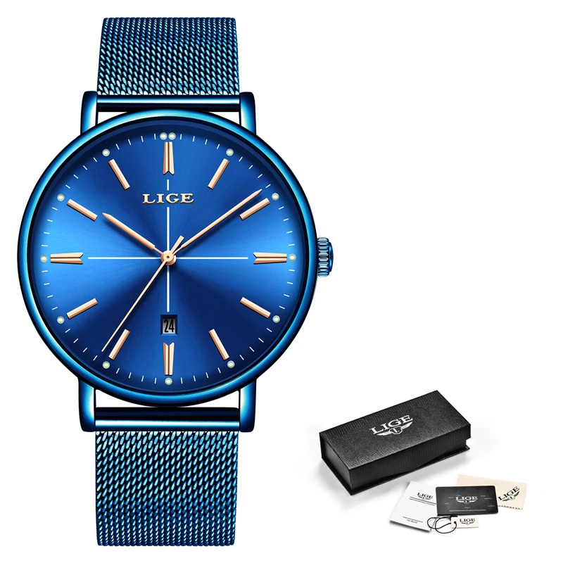 

LIGE 2019 New Simple Watches Mens Csual Stainless Steel Thin Watch For Men Fashion Blue Waterproof Quartz Clock Erkek Kol Saati