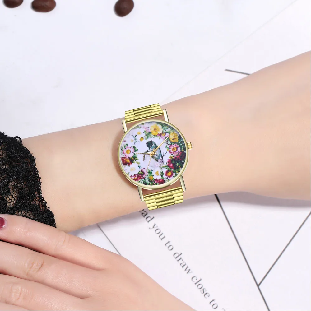 Animal Bird flowers Printed Stainless Women Watches Luxury Business Wristwatch Female Quartz Gift Clock relogio feminino W | Наручные