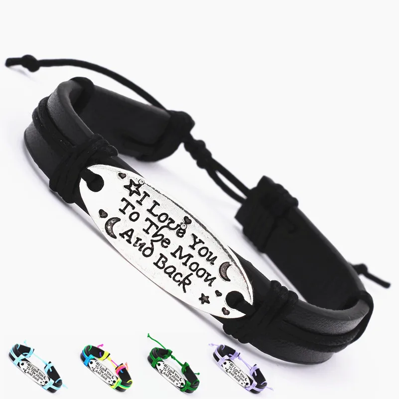 

I LOVE YOU TO THE MOON AND BACK letters Bracelets for Men Black Vintage Punk Cuff Adjustable Length Male Female Jewelry