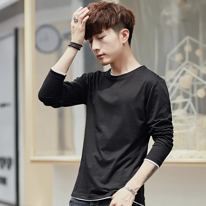 

Autumn long sleeve t-shirt boys clothes students o-neck regular solid pullover men's T-shirts fashion Tops black grey white