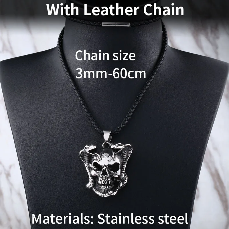 with leather chain Стальной солдат панк дьявол череп скелет цепочка с подвеской Байкер для нержавеющей стали преувеличенные мужские популярные ювелирные изделия - Окраска металла: with leather chain