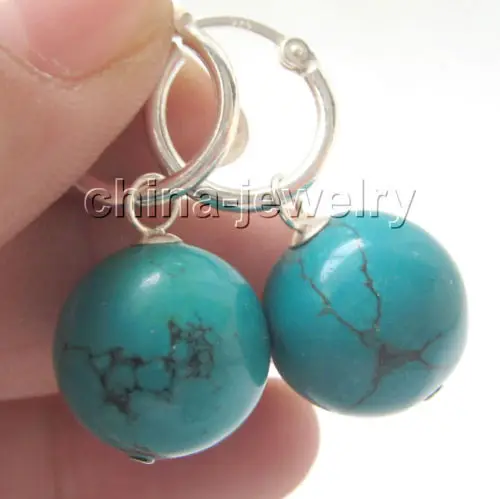 

FREE SHIPPING hot sale Beautiful 14mm natural round turquoises earring - 925 hoop