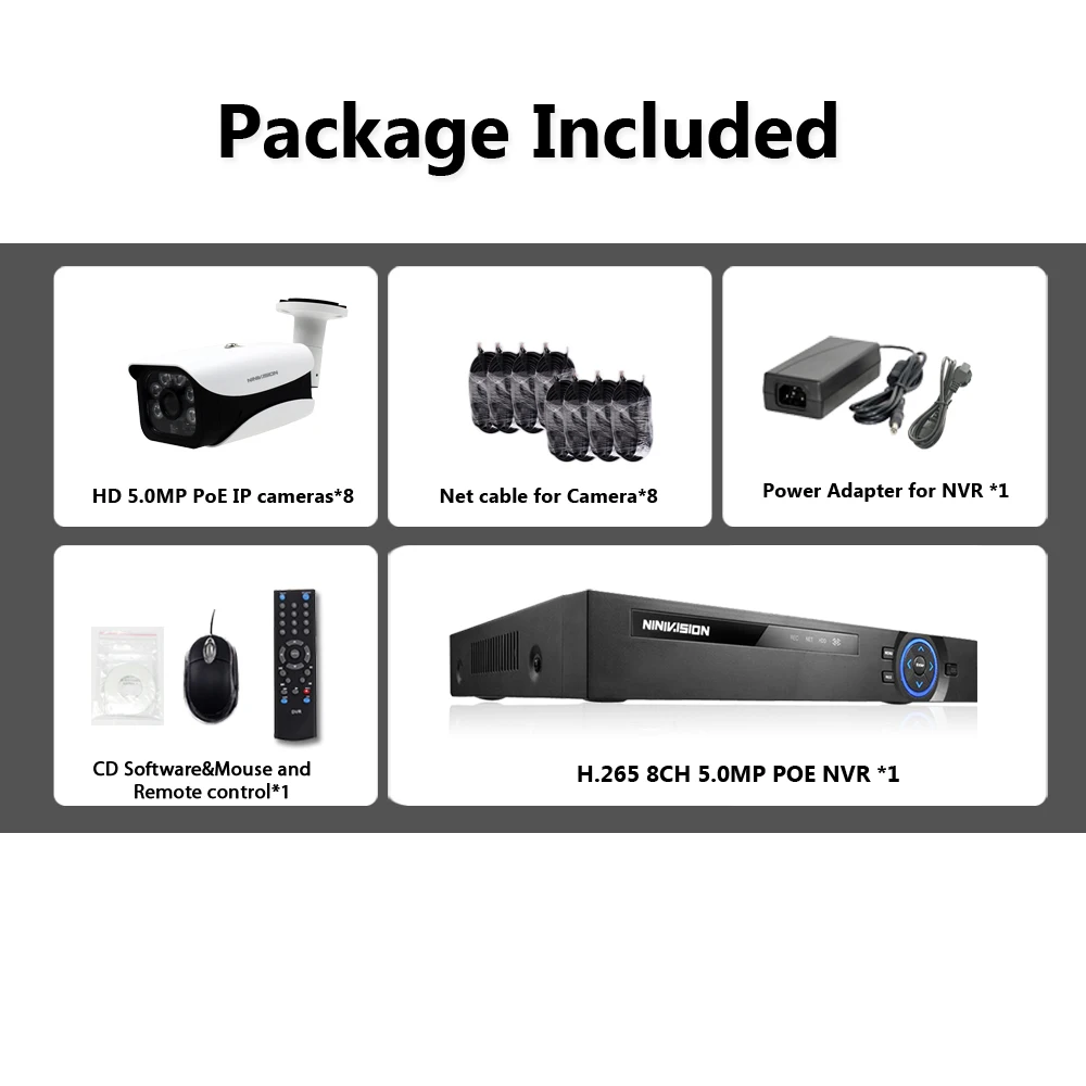 NINIVISION 8CH CCTV система 5.0MP HDMI POE 16CH NVR 8 шт. IR Security IP камера видеонаблюдения |