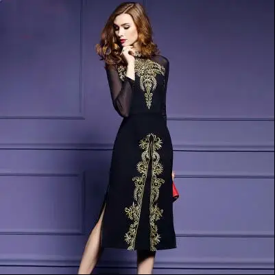 Женское винтажное платье с вышивкой черное трикотажное в стиле ретро 2019 | Женская