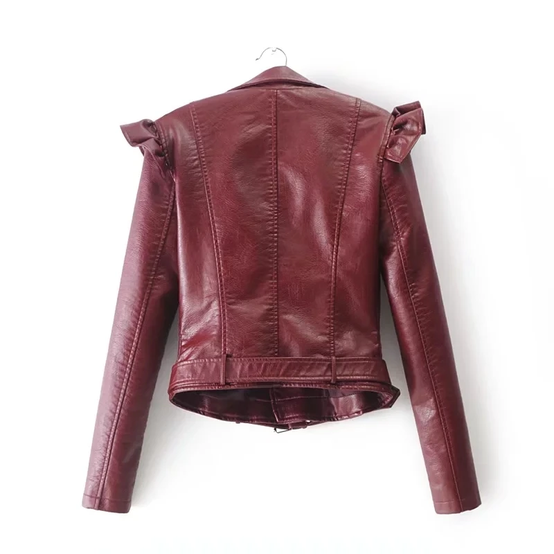 Кожаная куртка с рюшами и молнией для женщин в стиле Панк-рок мотоциклистов весна 2018 года с длинными рукавами для уличной одежды.