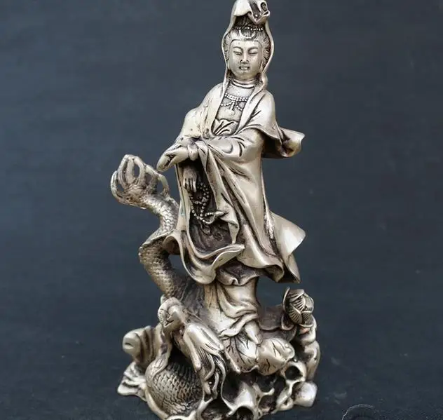 Античная старая серебряная статуя QingDynasty/скульптура-Будда гуанина ручная работа