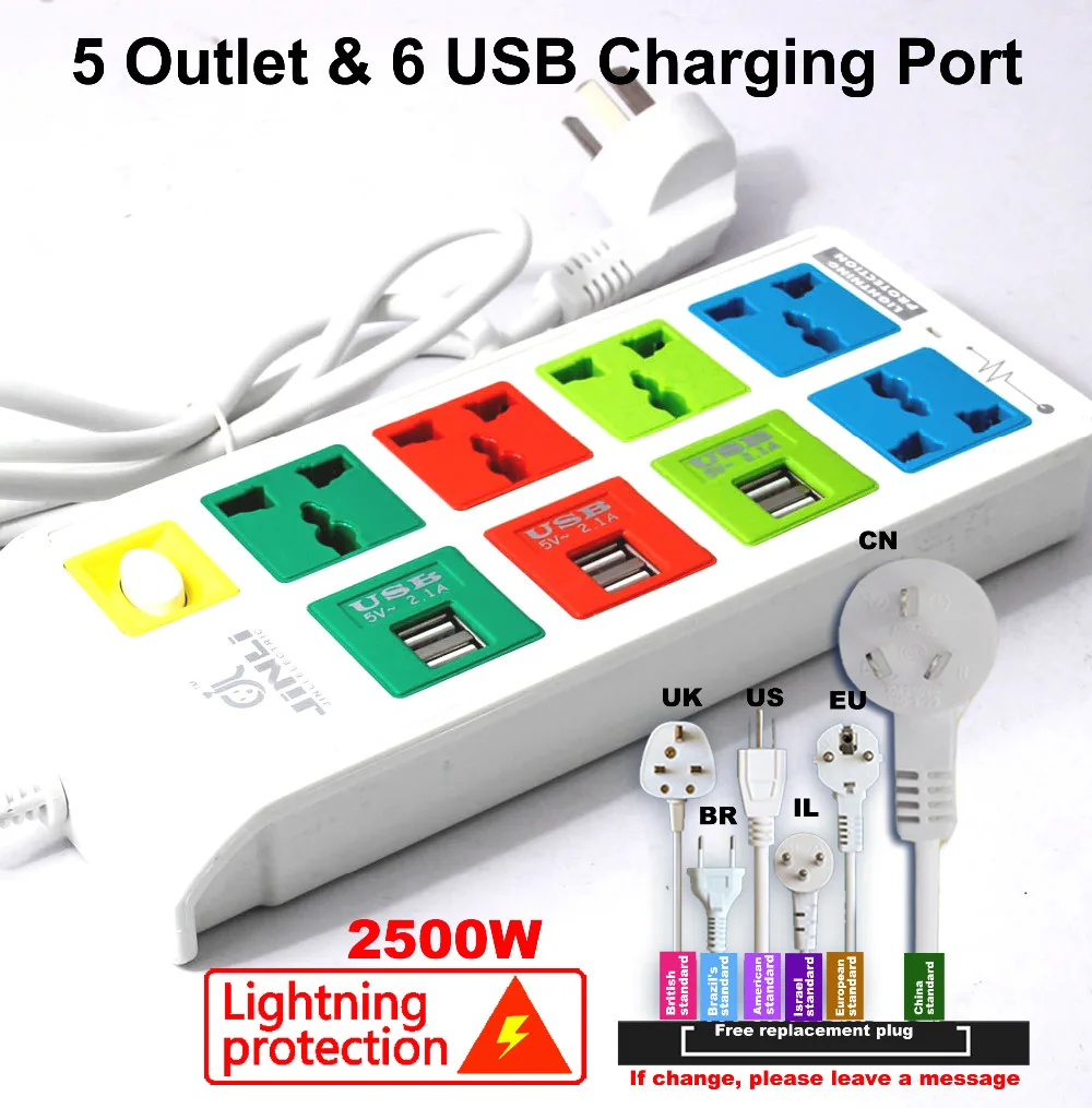 

3m extension cable 5 Outlet & 6 USB Charging Port with EU UK US type