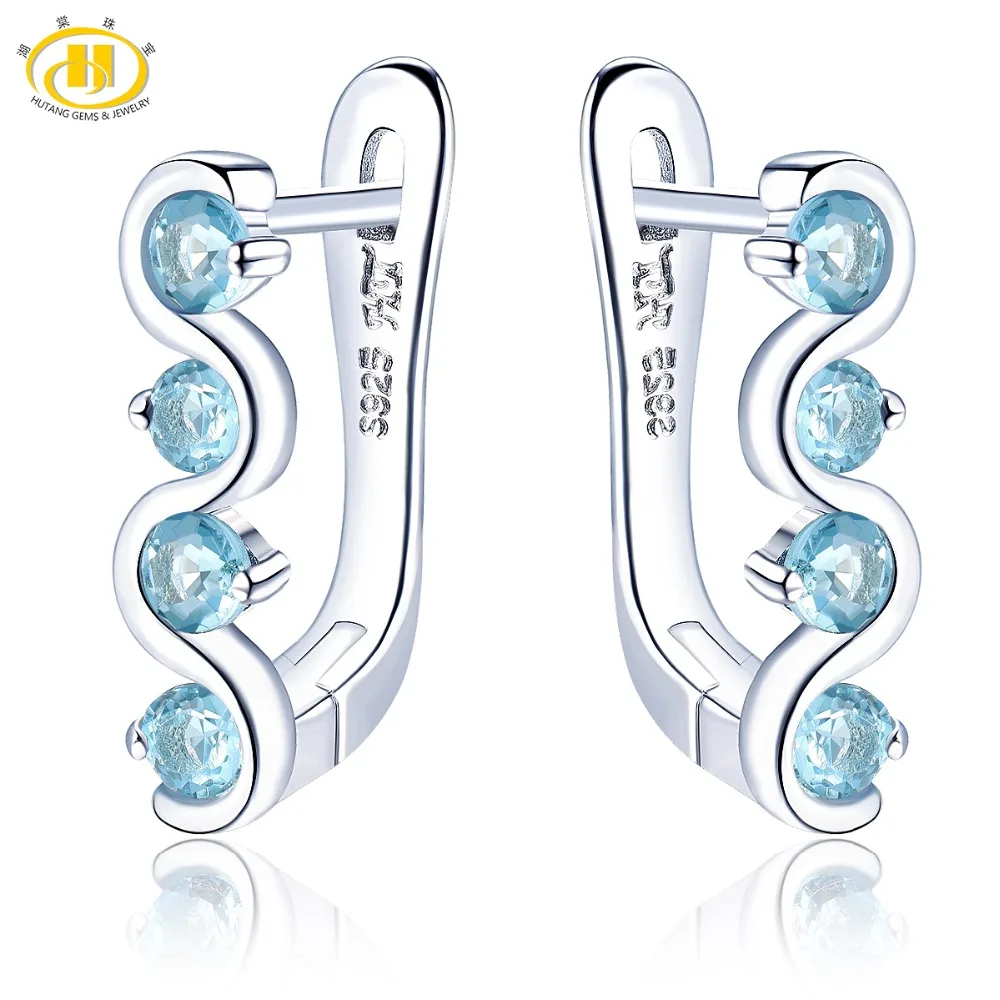 Hutang Blue Topaz Clip Earrings Natural Gemstone Solid 925 Sterling Silver Fine Fashion Stone Jewelry for Women's Best Gift