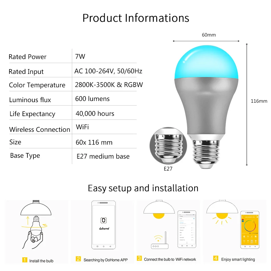Wi Fi светодиодный умный свет лампы затемнения RGBW Homelights E27 7 W 100 до 264 вольт