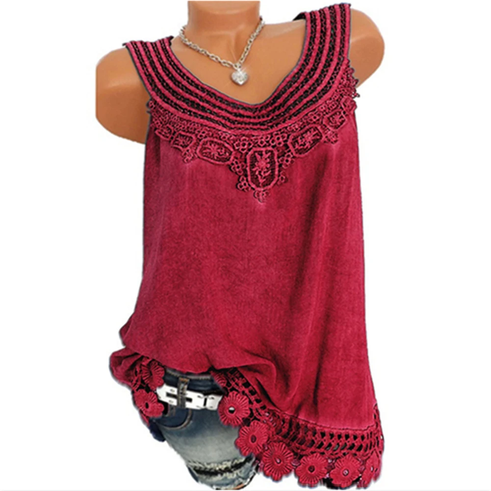 wine red Summer Women Lace Flower Loose Sleeveless Tank Top Elegant Casual Plus Size S-5XL O-Neck T-shirt Female Solid Camisole Tops - Color: wine red