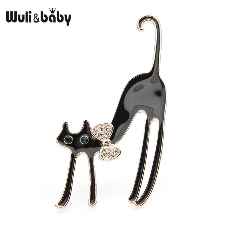black Wuli&baby, белый, черный, растягивающиеся броши-кошки, женские, сплав, чешские Стразы, бант, кошка, животное, брошь на булавке, подарки - Окраска металла: black