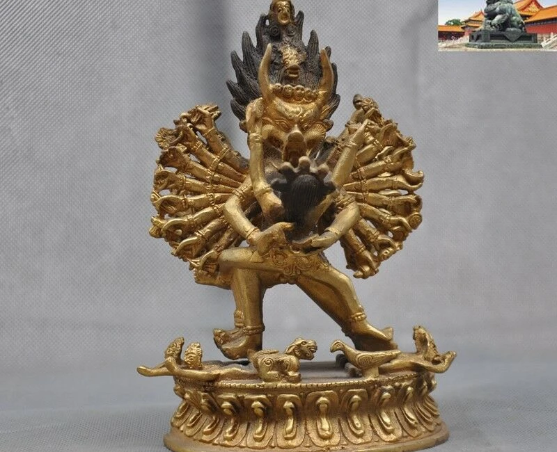 Старый тибетский буддизм бронзовый позолоченный череп Yama Yamantaka Dharmaraja статуя