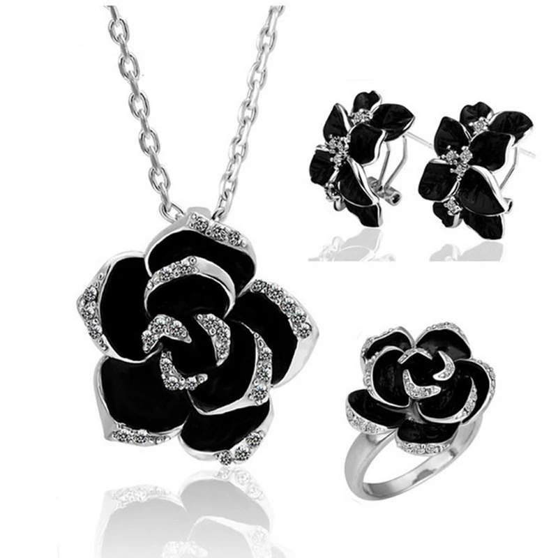 Женский ювелирный комплект из колье серёг и кольца с камелией|brand jewelry sets|designer