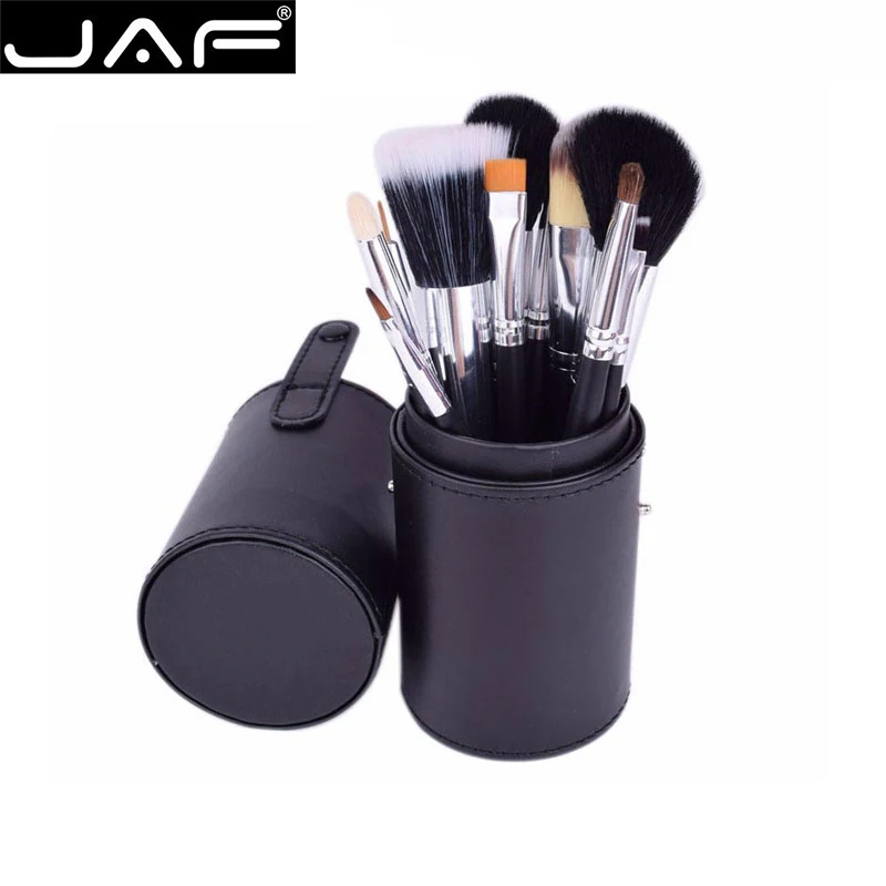 JAF 12 шт. набор кистей для макияжа, кисть для основы, набор для макияжа лица, губ, глаз, косметические инструменты на молнии, кожаный чехол, черный цвет