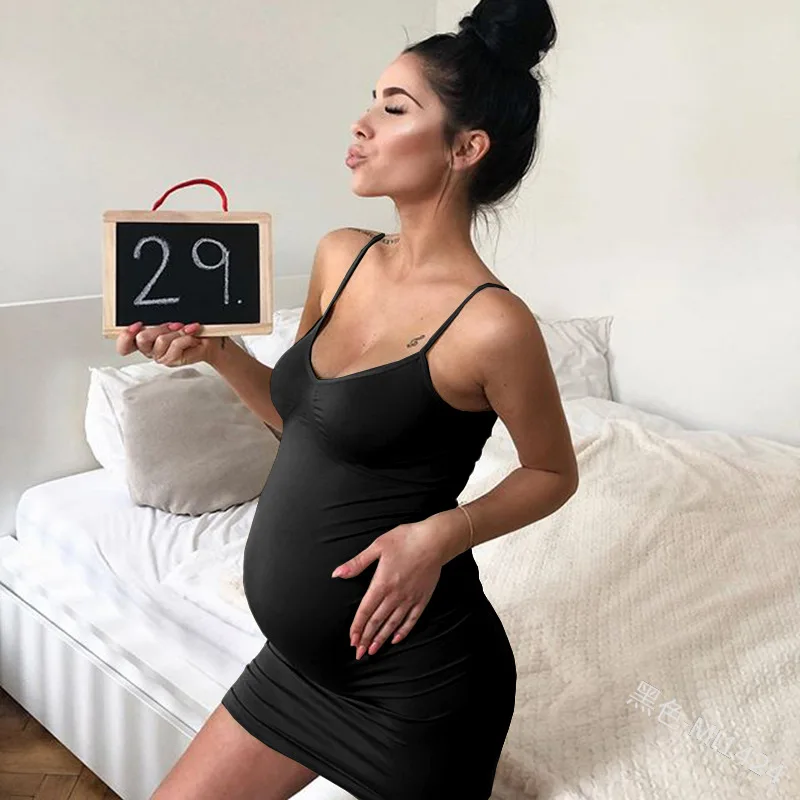 Summer 2019 New Suspension Belt Fashion Pure Color Button Pregnant Women's Skirt Home Leisure Close-fitting Large Size Dresses | Женская