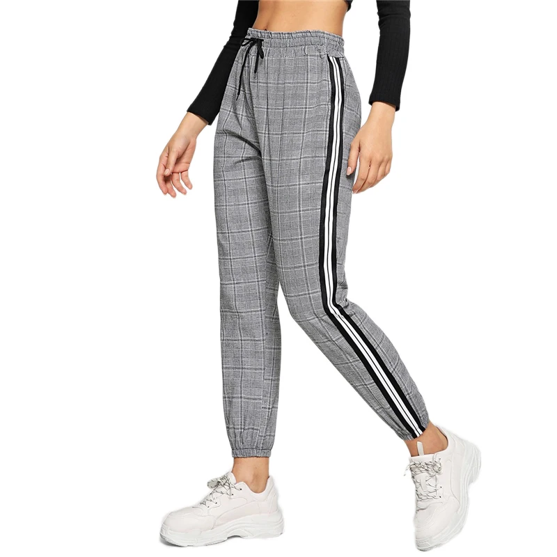 SweatyRocks/женские брюки с контрастной тесьмой и боковой шнуровкой на талии, уличные брюки, модные весенние повседневные зауженные серые брюки