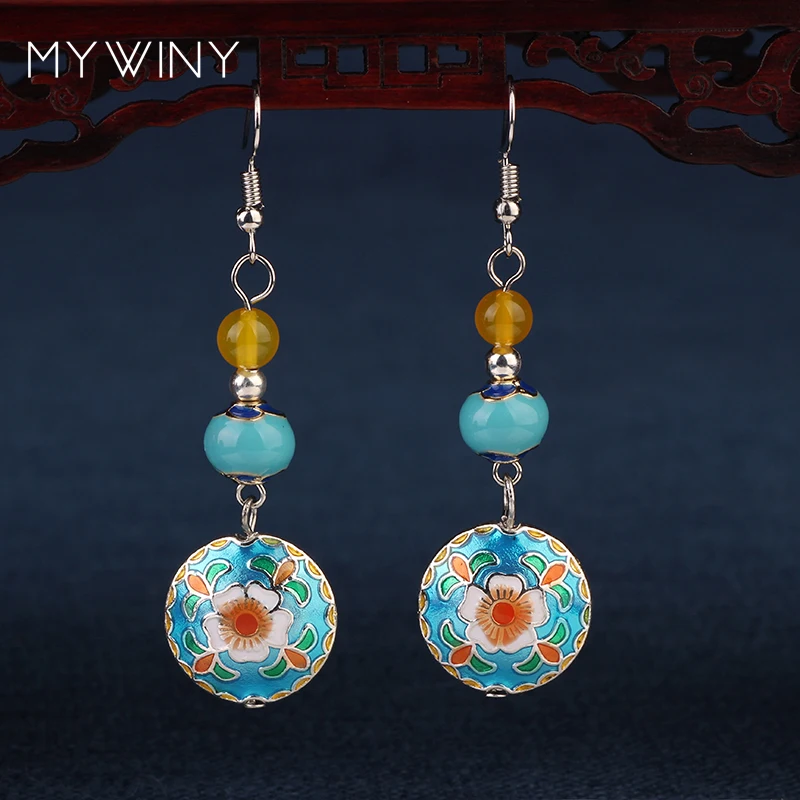 Новинка MYWINY, медные ювелирные изделия, Перегородчатые цветы, винтажные из Непала, Тибета, серебряные серьги для женщин, китайский ветер