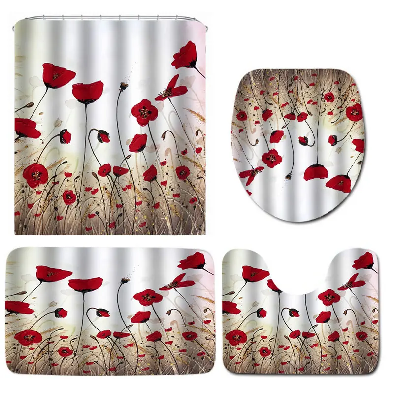 4pcs Full Set 4 шт. чернильная живопись занавеска для душа набор ковриков для ванной комнаты коврик для ванной Цветок Водонепроницаемый полиэстер ткань для ванной набор занавесок для душа - Цвет: 4pcs Full Set