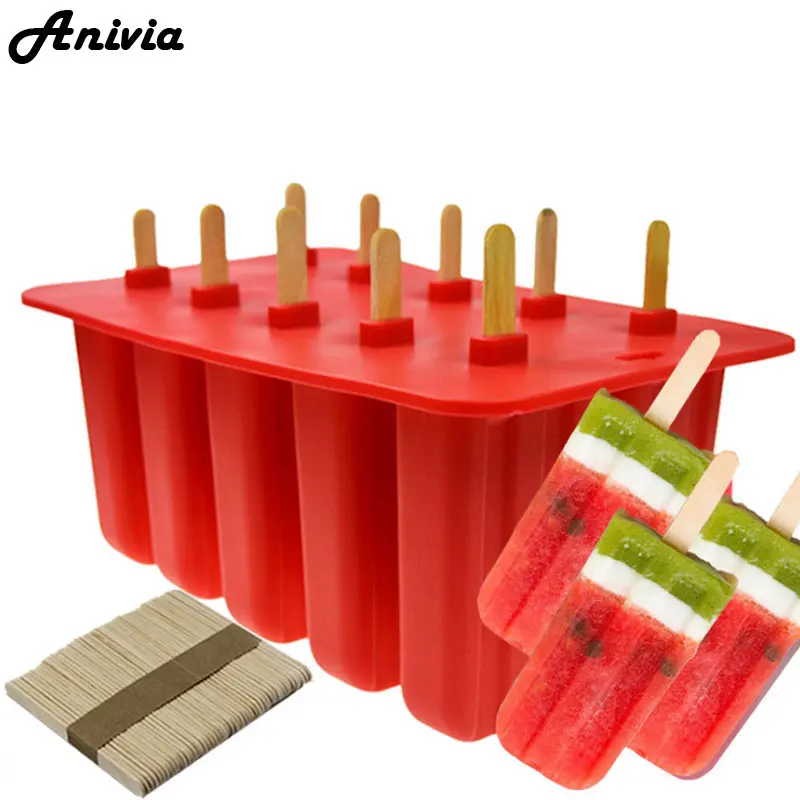 

Anivia 10 Cell Silicone Frozen Ice Cream Pop Popsicle Mold Ice Maker Lolly Mould Tray Pan Kitchen BPA-free + 50 Wooden Sticks