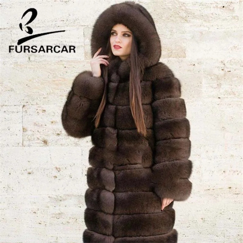 FURSARCAR 2018 Новое роскошное пальто из натурального Лисьего меха с меховым капюшоном