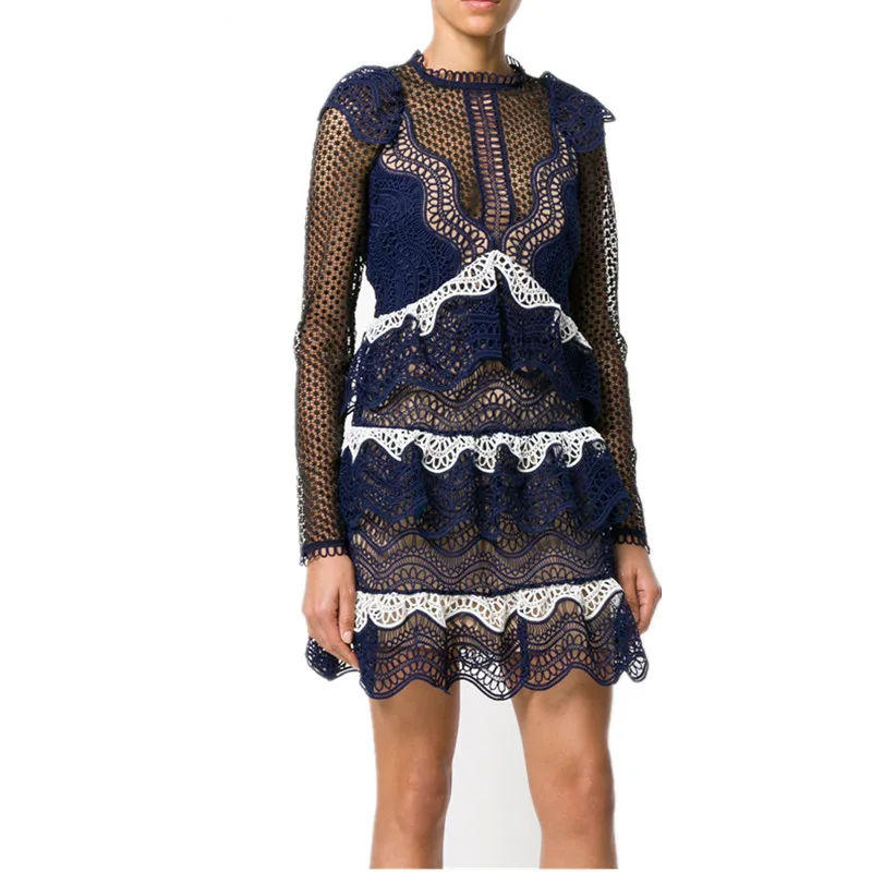 

Self-Portrait Lace Party Cake Women Short Dress Runway Autumn Long Sleeve Layers Ruffles Patchwork Vintage Slim Hollow Out Dress