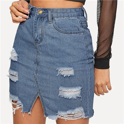 Dark Blue SweatyRocks рваные потертые края джинсовая юбка Уличная Высокая талия синяя юбка карандаш Летняя мода женские мини юбки - Цвет: Dark Blue