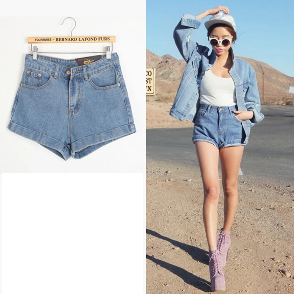 Women Pure Color Oversize Waist All Matching Summer Autumn Plus Size Rolled Wedge Shorts Denim Shorts Blue T93301050001-2