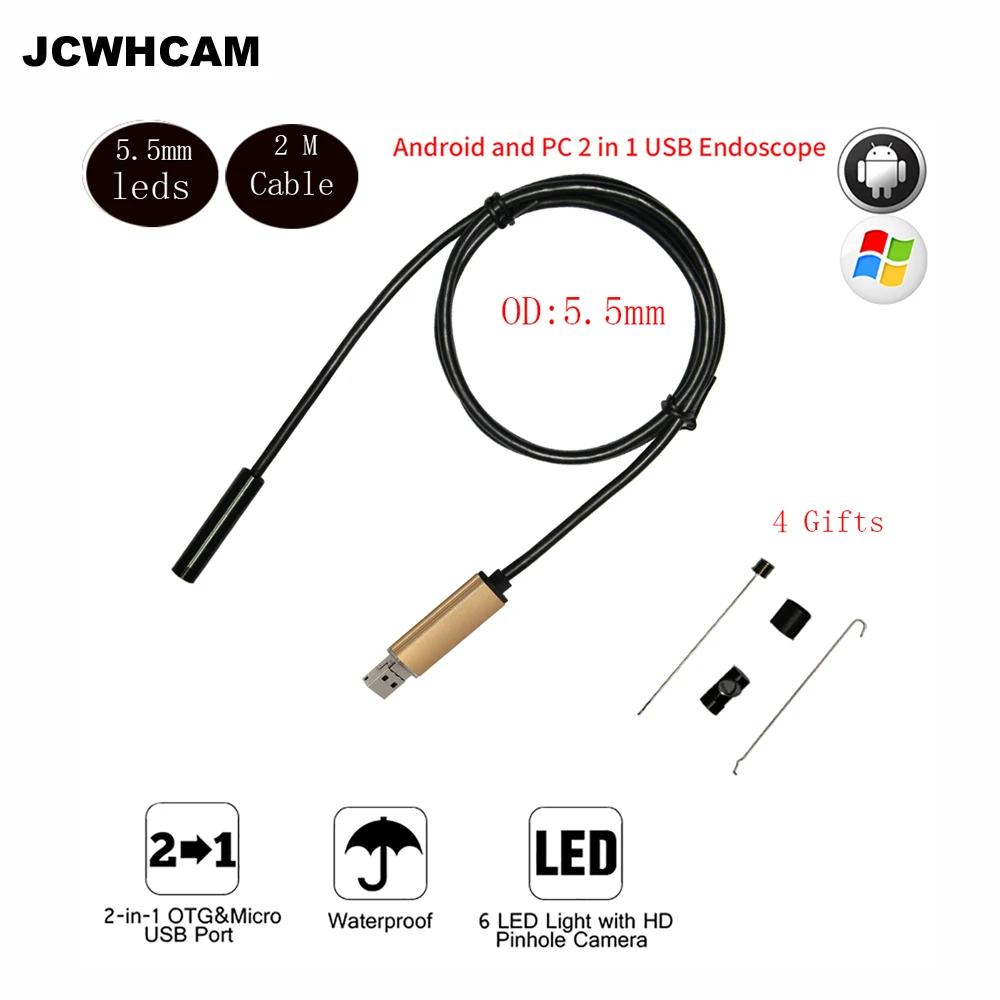 

JCWHCAM HD 480P 5.5MM Mini USB Android Inspection Endoscope Camera Underwater Endoscopio Tube Micro Camera For Windows Android