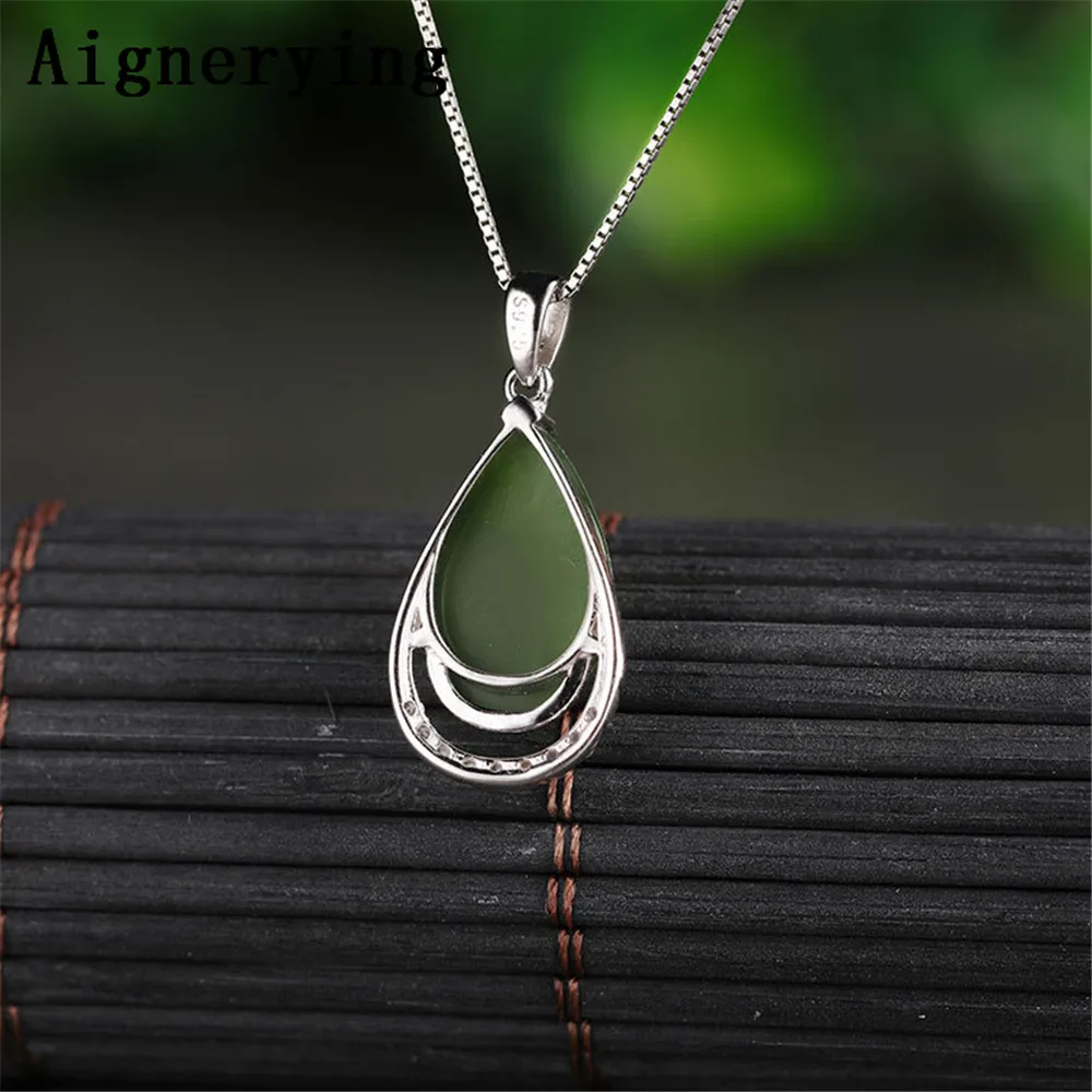 

Vintage Necklace Certificate 925 silver Pendant Green Jade Zircon Inlaid Green Jade Cute For Woman Charm Gift with Box