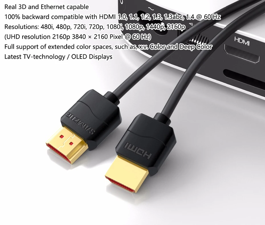 SAMZHE hdmi кабель Мягкий тонкий hdmi к hdmi 2,0 4K UHD 3D 0,5 м 1 м 1,5 м 2 м 3 м для PS3 PS4 xbox проектор HD lcd Apple tv компьютер