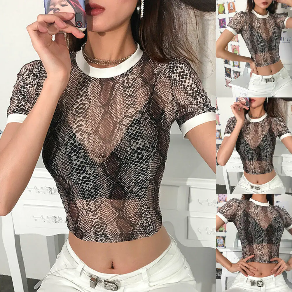 Женский прозрачный сетчатый топ футболка с коротким рукавом и круглым вырезом в