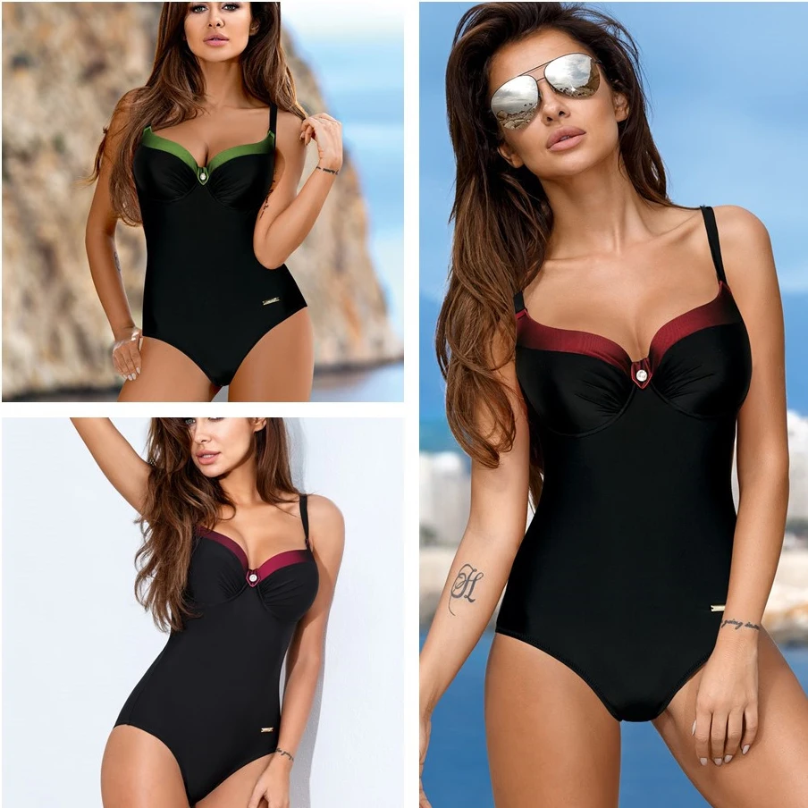 ESSV One Piece Push Up Swimsuit Plus Size Swimwear 2019 Women Sexy Padded Summer Bathing Suit Beachwear Patchwork Bodysuit | Спорт и