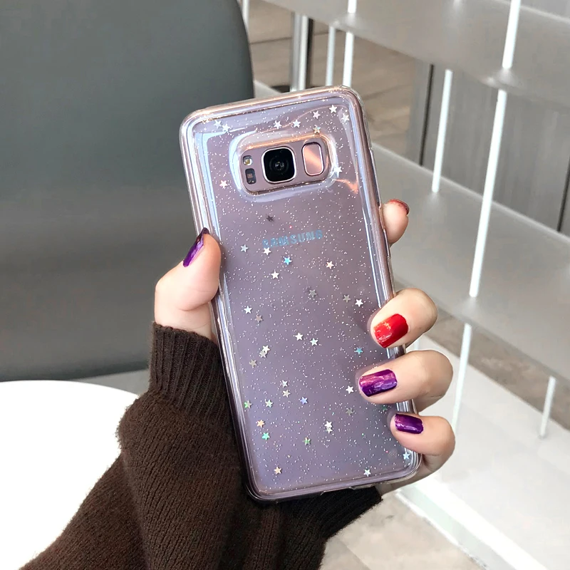 Прозрачный блестящий чехол со звездами для Samsung S7 edge S8 S9 Plus Note 8 мягкий из ТПУ iphone XS
