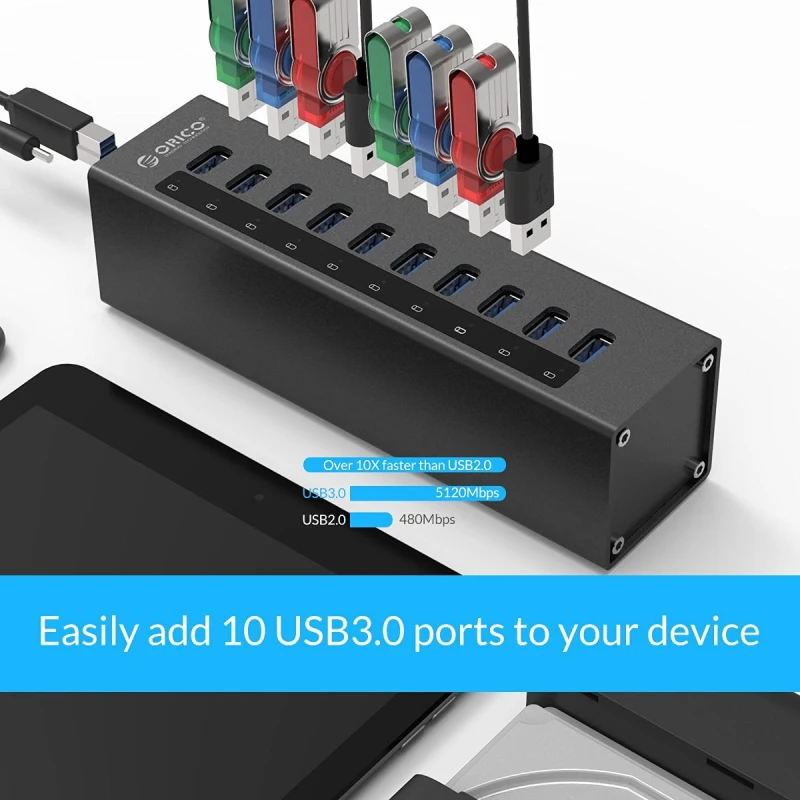 ORICO A3H10-BK Алюминиевый Супер Скоростной 10 портовый USB3.0 концентратор сплиттер с адаптером питания-черный