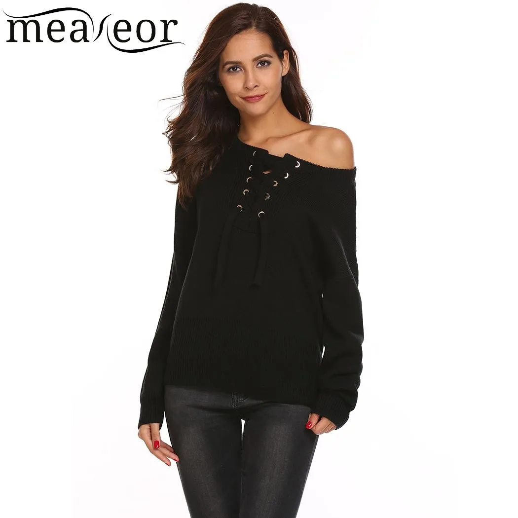 Meaneor женский зимний свитер повседневный вязаный с длинным рукавом на шнуровке