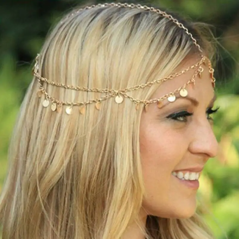 Women Metal Head Chain Hairpiece Headband Fashion Jewelry Multilayers Tassel Round Pendant Head Chain Hair Accessories Jewelry