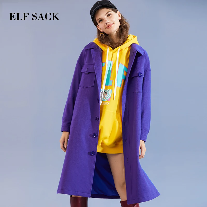 Женское шерстяное пальто ELFSACK элегантное плотное с отложным воротником Длинная