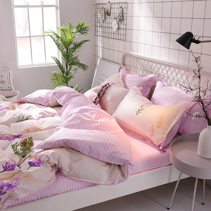 Romantic purple green flower plant printed 3/4pcs bed flat Sheet Pillowcase Duvet cover twin full Queen King size bedding set | Дом и сад