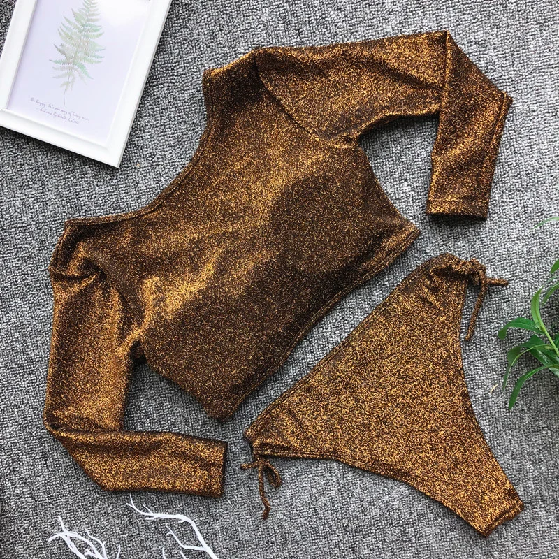 Купальник-бикини золотого цвета с длинным рукавом Женский комплект из двух