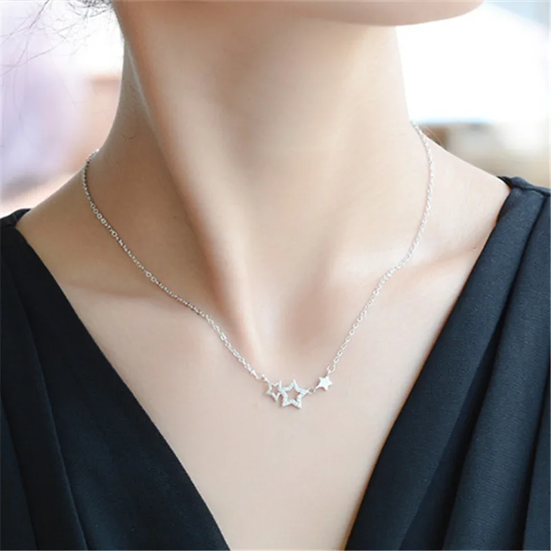 

925 Sterling Silver Necklaces For Women Crystal Star Charm Necklaces & Pendants Jewelry Collar Colar de Plata DZ763