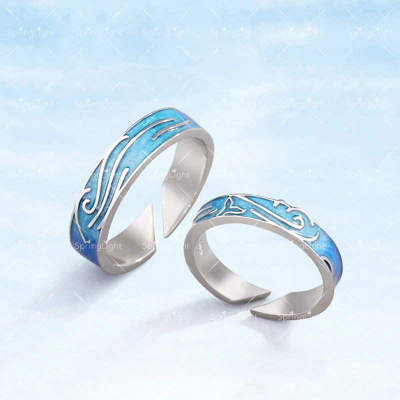 Pair Rings Весеннее кольцо с эмалью голубого неба Ван Гога, настоящее 925 пробы, Серебряное ювелирное изделие, 18 К золото, солнце, луна, звезда, пара колец для женщин - Цвет камня: Pair Rings