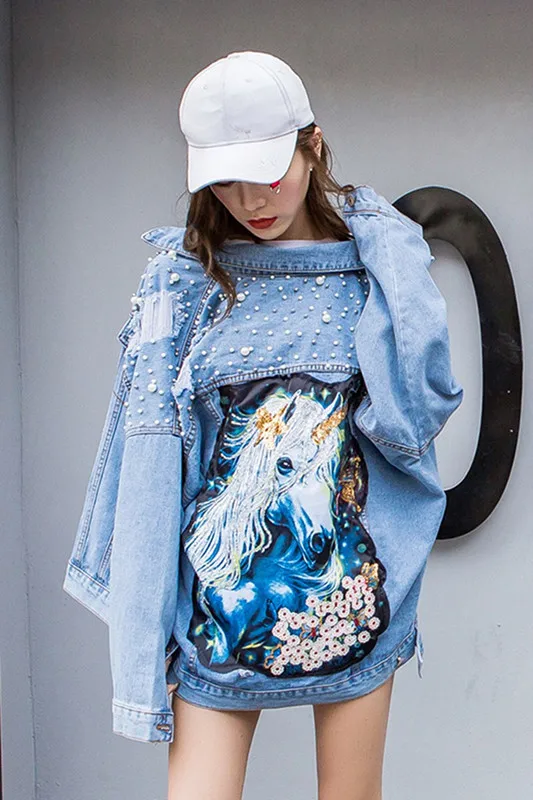 Denim Blue Женская джинсовая куртка, стразы, жемчуг, бисер, джинсовая, женская, элегантная, винтажная, свободная, с дырками, куртка, пальто, Casacos Feminino - Цвет: Denim Blue