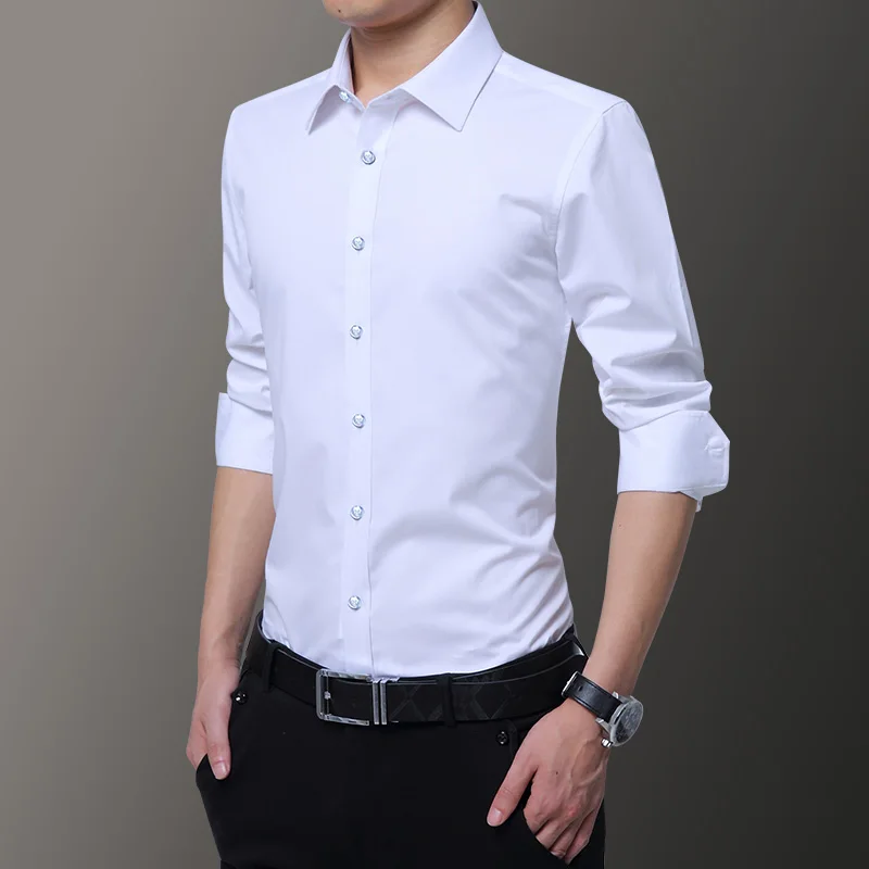 Рубашка мужская однотонная с длинным рукавом классическая сорочка Slim Fit в