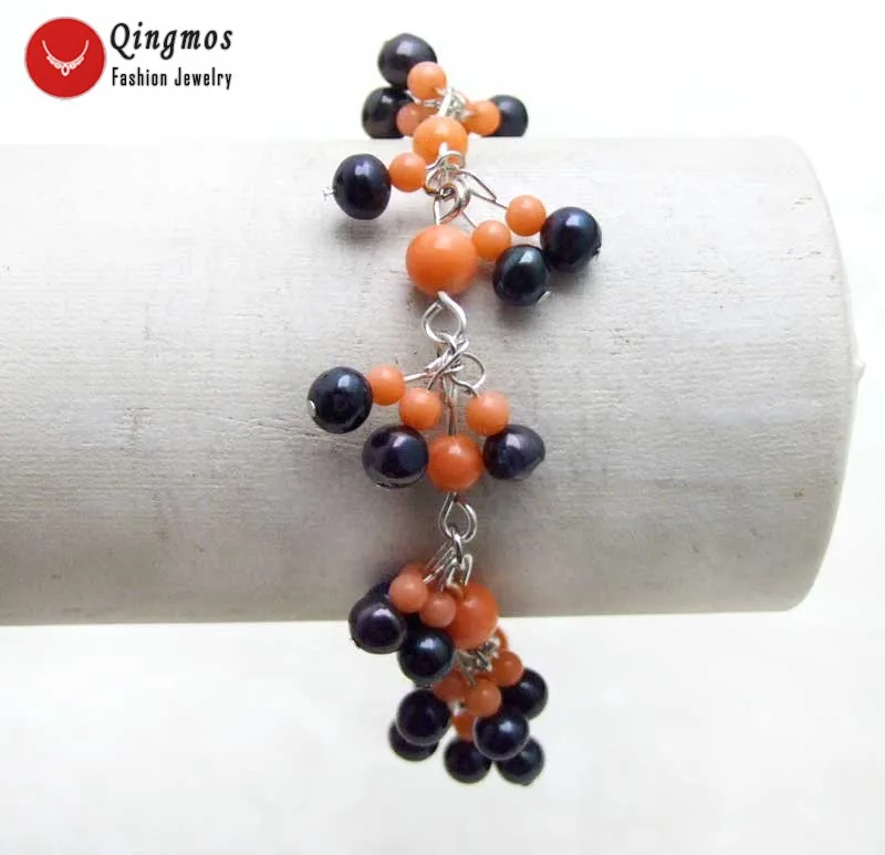Женский браслет Qingos, модный браслет из коралла и жемчуга, 5-6 мм, черный круглый жемчуг и 3-6 мм, розовый коралл, 7-9 дюймов, ювелирное изделие, 387