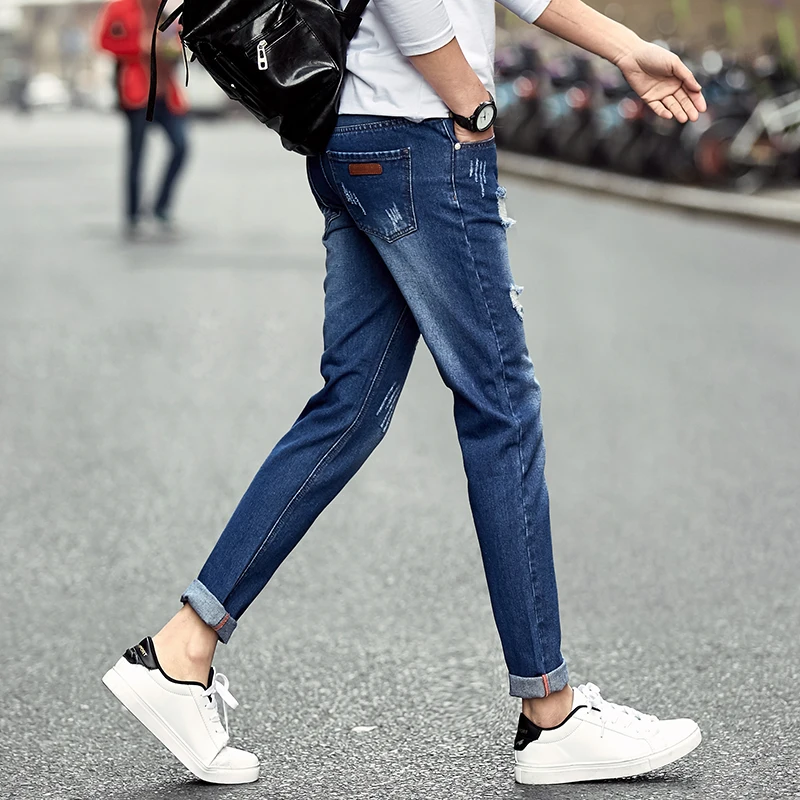 Мужская версия Корейской моды тонкий ноги сломанные отверстия джинсы мужские