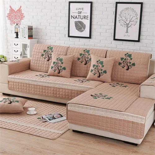 Beige yellow per pic Бежевый белый пасторальный дерево вышивка хлопок стеганые секционные Чехлы для дивана гостиной fundas de диван Чехлы cama SP5267 - Цвет: Beige yellow per pic